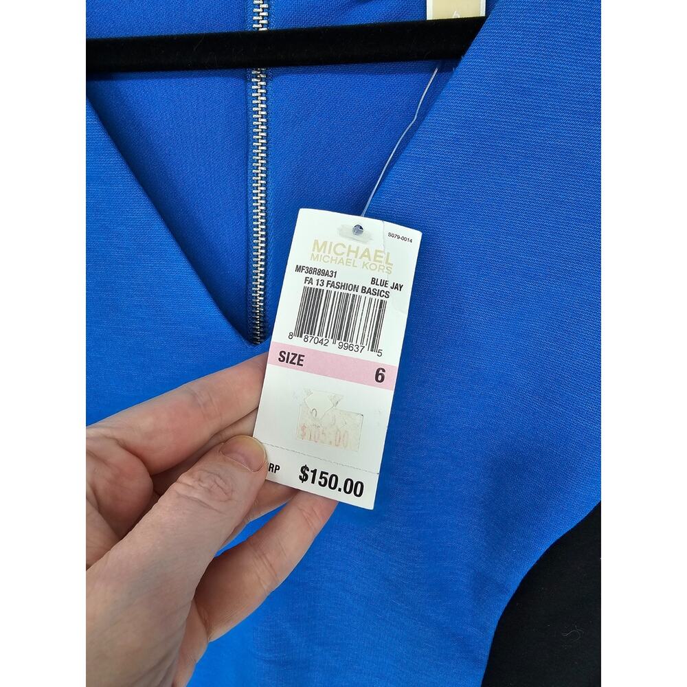 Michael Kors Womens Sz 6 Knee Length Career Dress Black Blue V Neck Short Sleeve - Picture 3 of 4